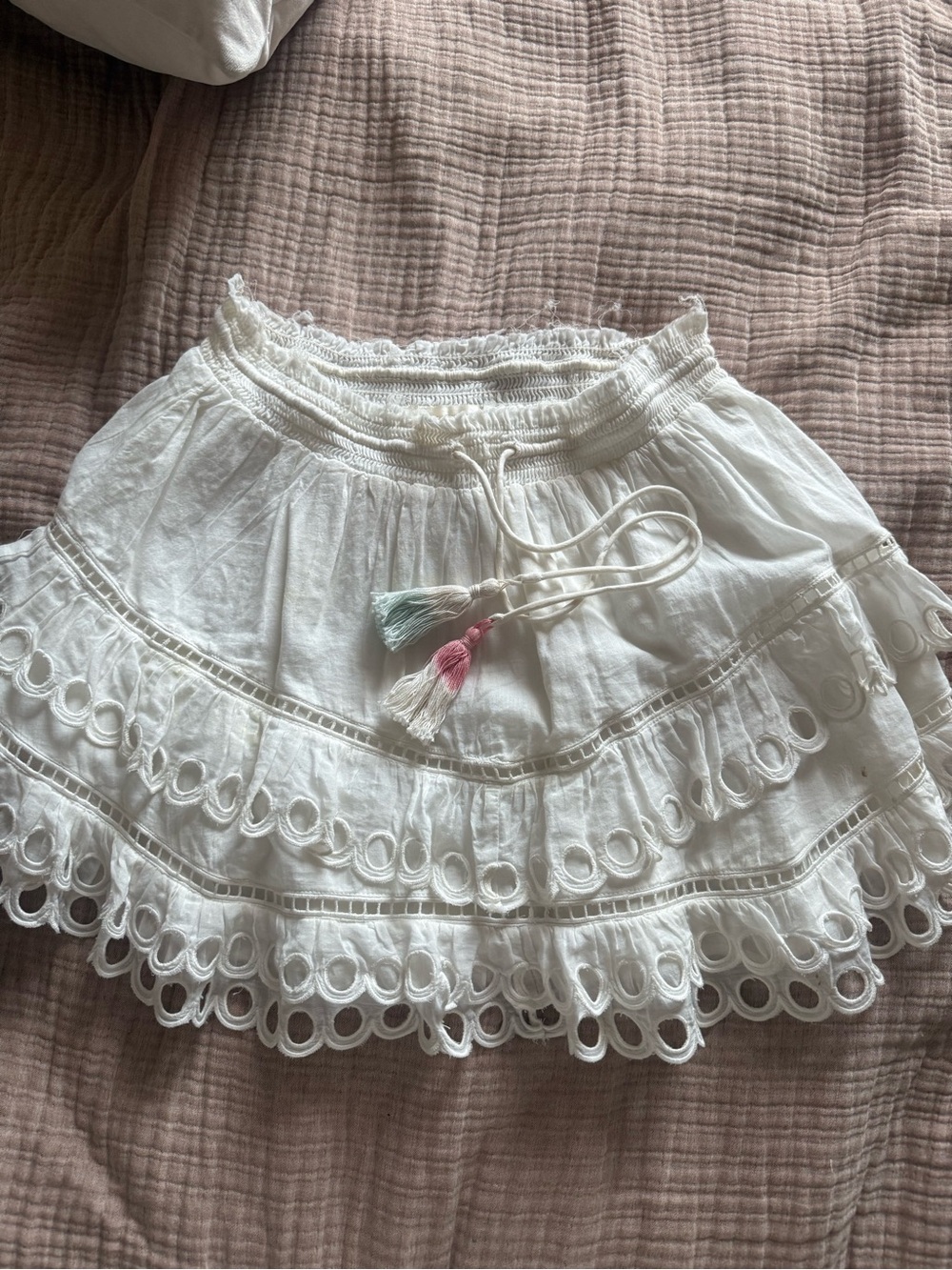 LoveShackFancy White Eyelet Tiered Mini Skirt with Tassel Detail - Picture 1 of 4
